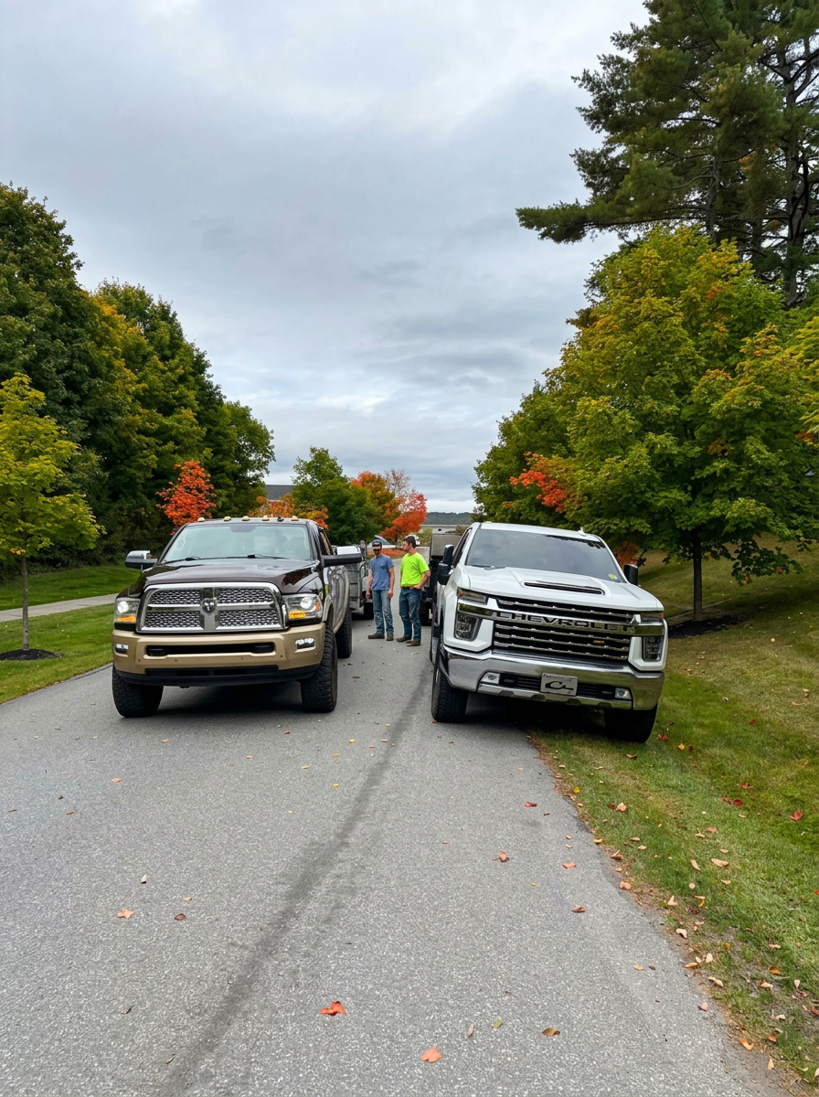 T & M Hauling trucks parked on a residential street in New England